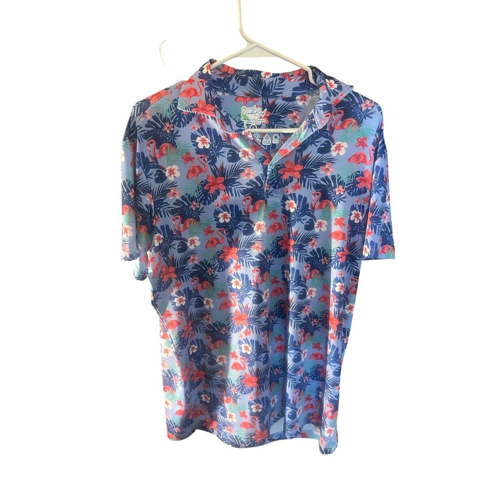 Tailored Performance Polo Men's Size S Pink Flamingos And Red Hibiscus Flowers